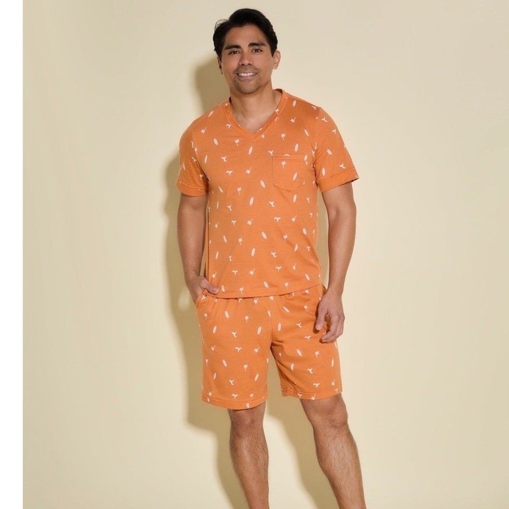 Cosabella Mens Orange Surf Print Pajama Lounge Set V-Neck Shorts Size M New